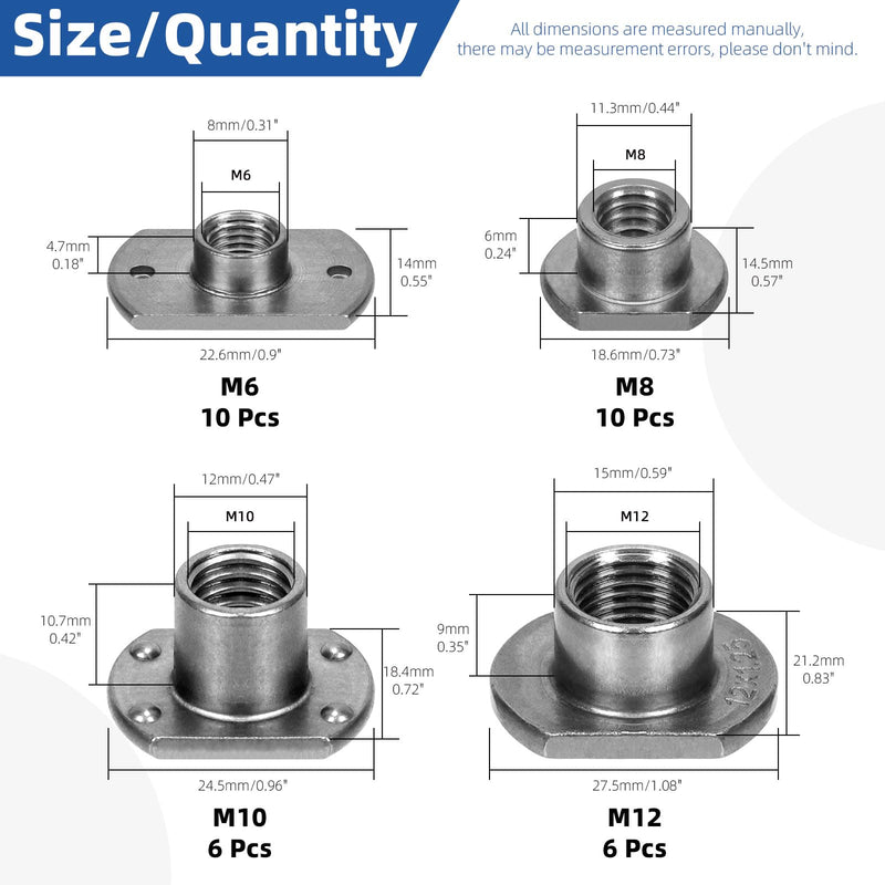 Glarks 32Pcs Weld Nuts Set, M6 M8 M10 M12 Tab Base UNC Carbon Steel Machine Screw T-Nuts 2 Projection 4 Projection for Furniture Vehicles Caster Industry Machine m6, m8, m10, m12