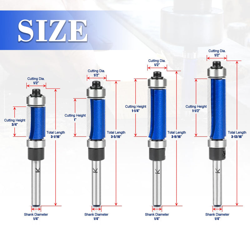 4Pcs Top and Bottom Bearing Flush Trim Router Bits Set 1/4 Inch Shank, Carbide Pattern Flush Trim Cut Router bit, 1/2 Inch Cutting Diameter, 3/4", 1", 1-1/4", 1-1/2" Inch Cutting Length 4Pcs Bits Set -1/4" Shank Top and Bottom Bearing Flush Trim Bits