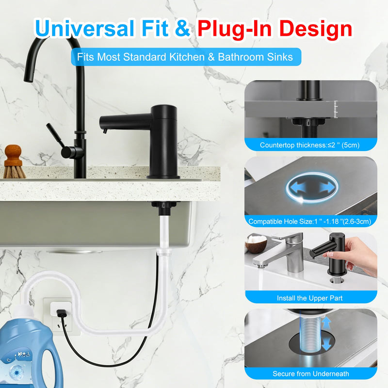 Touchless Automatic Dish Soap Dispenser for Kitchen Sink, Two Adjustable Sink Soap Pump, 38" Extension Tube, Leak-Proof Plug-in, Built-in for Bathroom Commercial (Black) Black
