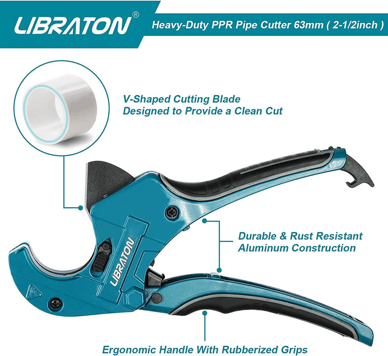 Libraton PVC Pipe Cutter, Up to 2-1/2", Ratchet Pipe Cutter Heavy-Duty, Pex Cutting Tool for Cutting PEX, PVC, PPR Plastic Hoses and Plumbing Pipe 2-1/2"(63mm)