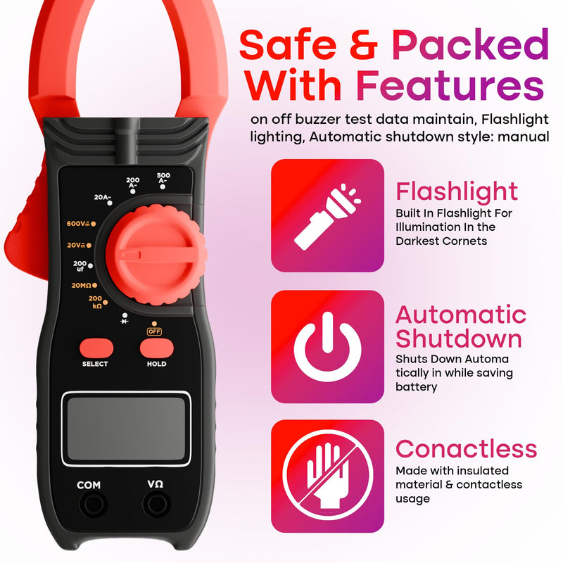 Digital Clamp Multimeter 78A – Auto-Ranging AC/DC Clamp Meter 4000 Counts, 600V 500A, Voltage & Current Tester, Resistance, Capacitance, Diode, LCD Display, Portable Electrician Tool