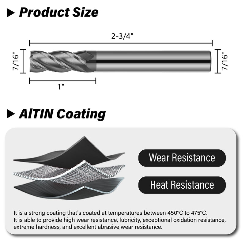 7/16" Carbide Square End Mill 4 Flute AlTIN Coated CNC Milling Bits for Alloy Steels, Hardened Steels, Cast Iron 1 7/16 in