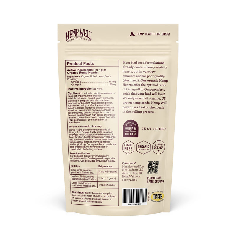 Hemp Well Organic Hemp Hearts for Birds - Reduces Feather Plucking, Promotes Relaxation, Immune Support, Organic, USA Grown, GMO Free – 8 Ounces 8 Ounce (Pack of 1)