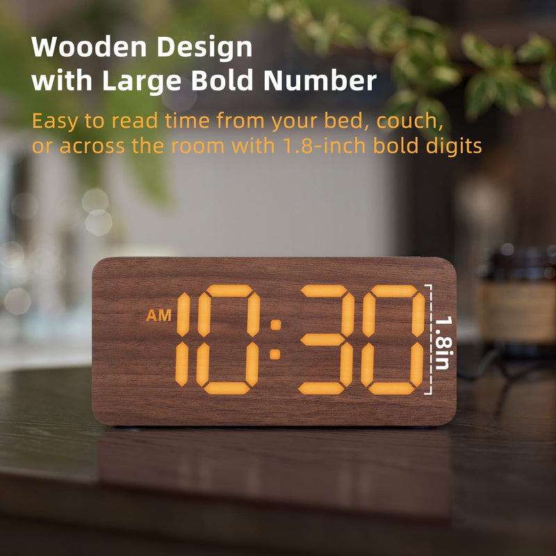 uscce Wooden Digital Alarm Clocks for Bedrooms: Dimmable Dual Alarm Clock with Large Numbers for Bedside Desk - Loud Alarm for Heavy Sleepers with Volume Control - Wood Decor & Gifts Brown - Amber Digits (Plug-in)