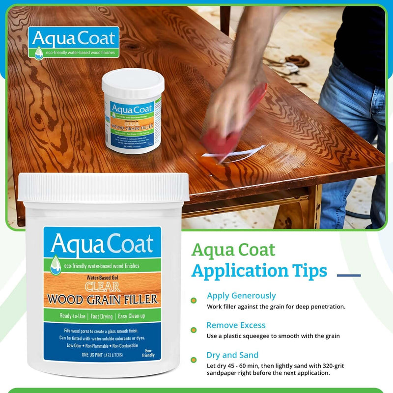 Aqua Coat Water-Based Clear Wood Grain Filler Gel, Fast-Drying, Low Odor, Low VOC, Sandable, Stainable & Paintable, Easy Water Cleanup, Glossy Finish, 16 oz Pint