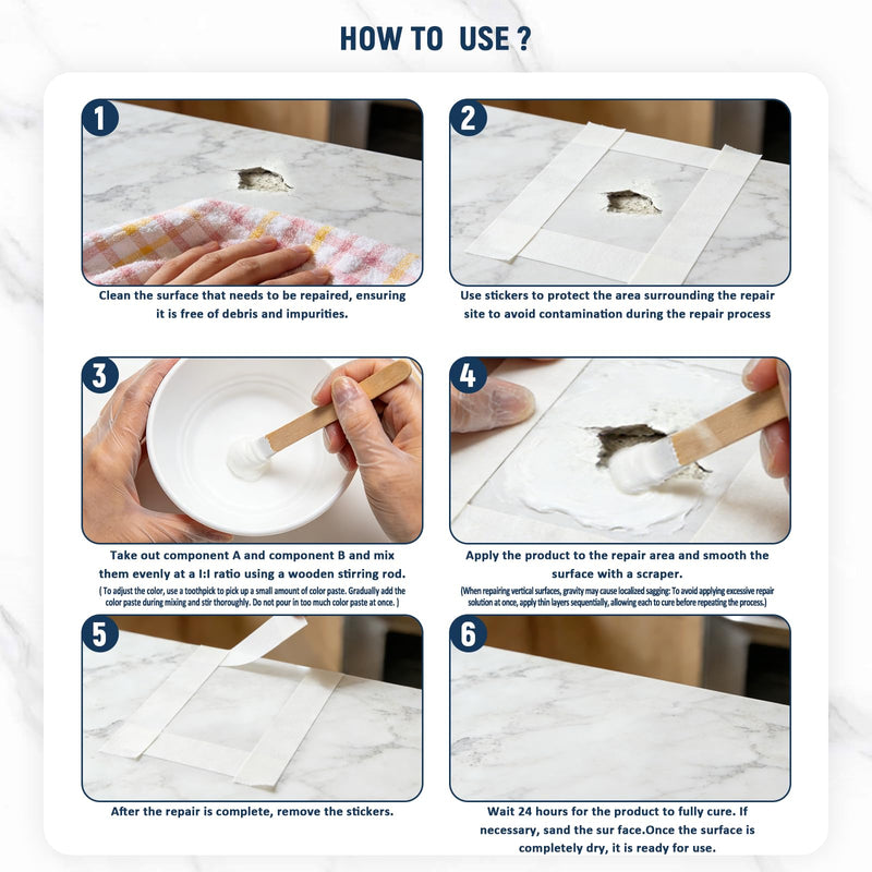 Tile & Bathtub Repair Kit (Color Match, 6-Color, 80g x 2, Total 160g), Porcelain Ceramic, Fixes Chips Dents Cracks Scratches for Marble Acrylic Fiberglass Granite Countertops & Bath Surfaces White