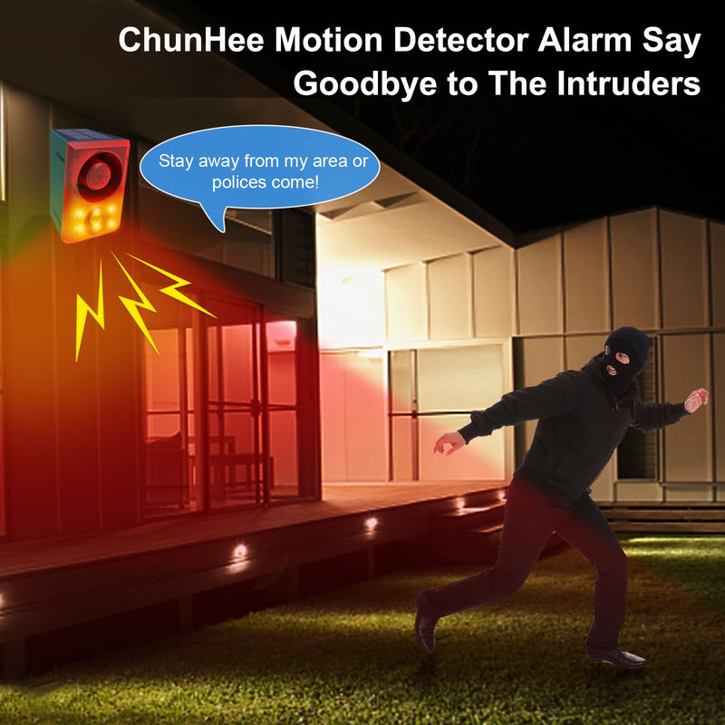 ChunHee Solar Outdoor Motion Sensor Alarm with Dog Barking Gunshot Sound, Support Recording and Adjustable Volume, 130db Loud Noise Maker 3 Work Modes Strobe Light for Home, Villa, Farm, Barn (2pack) 2pack