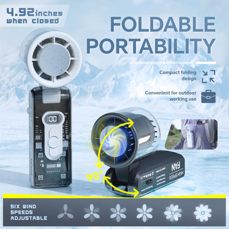 USB-C Rechargeable Cooling Handheld Fan, Portable Mini Turbo Fan with LED Flashlight & Cold Touch Plate, Foldable with Lanyard for Travel, Office Desk, Personal Quiet Cooling, Indoor/Outdoor Use Black