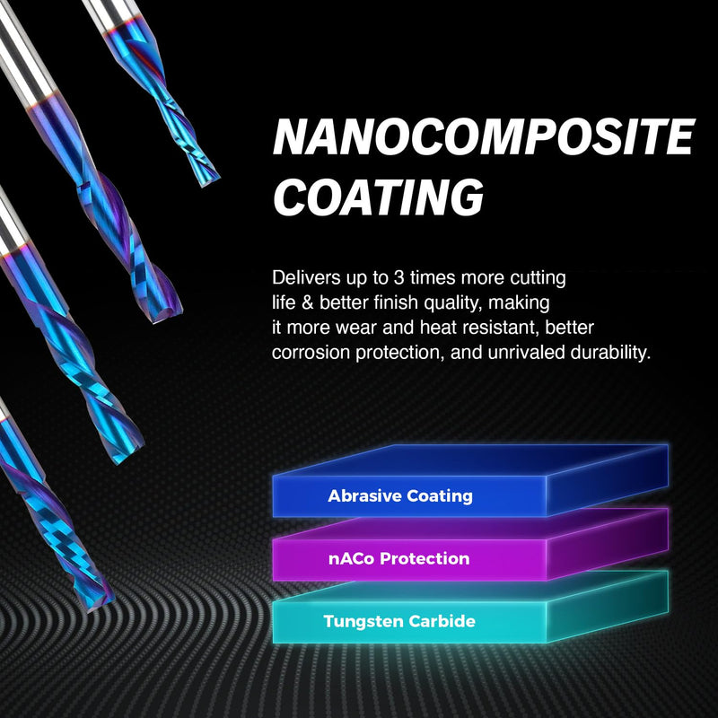 8mm Shank Compression Spiral CNC Router Bit, 8mm Cutting Diameter, 8mm Shank Diameter - 32mm Cutting Diameter - 75mm Overall Length, 2 Flute Nano Coated CNC End Mill