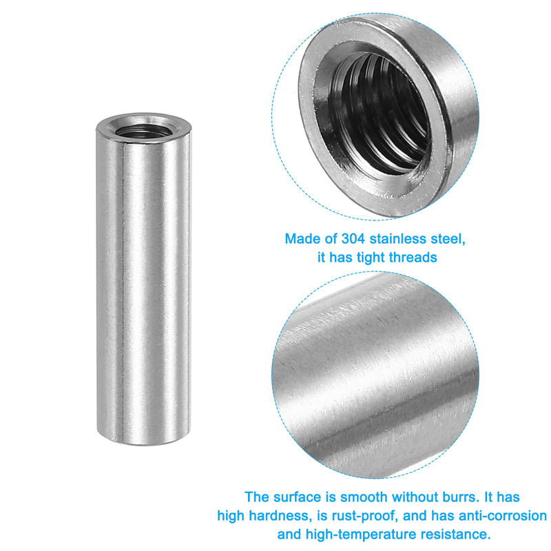 uxcell M8x1.25mm Round Coupling Nuts, 5 Pcs 304 Stainless Steel Connector Nuts Fasteners Rod Bar Stud 40mm for Industrial Construction Fasteners, Silver M8x1.25mm x 40mm