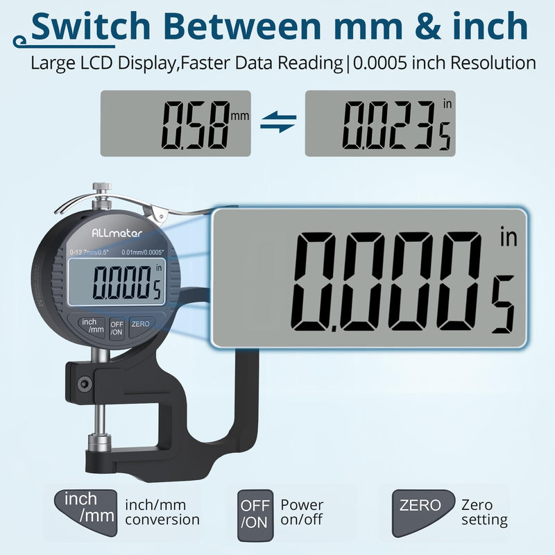 Digital Thickness Gauge, 0.01mm Resolution, 0-12.7mm Range | Electronic Micrometer Thickness Gage with LCD Display, Auto Zero, Inch/Metric Switch for Leather, Paper, Fabric, Plastic Film black 0-12.7mm,0.01mm