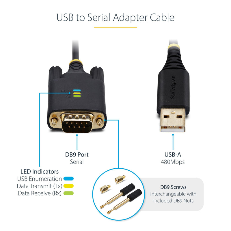 StarTech 3ft USB to Serial Adapter Cable, FTDI (1P3FFCB-USB-SERIAL) | USB-A to DB9 RS232, Interchangeable DB9 Screws Nuts, COM Retention, LED Indicators 3.3ft