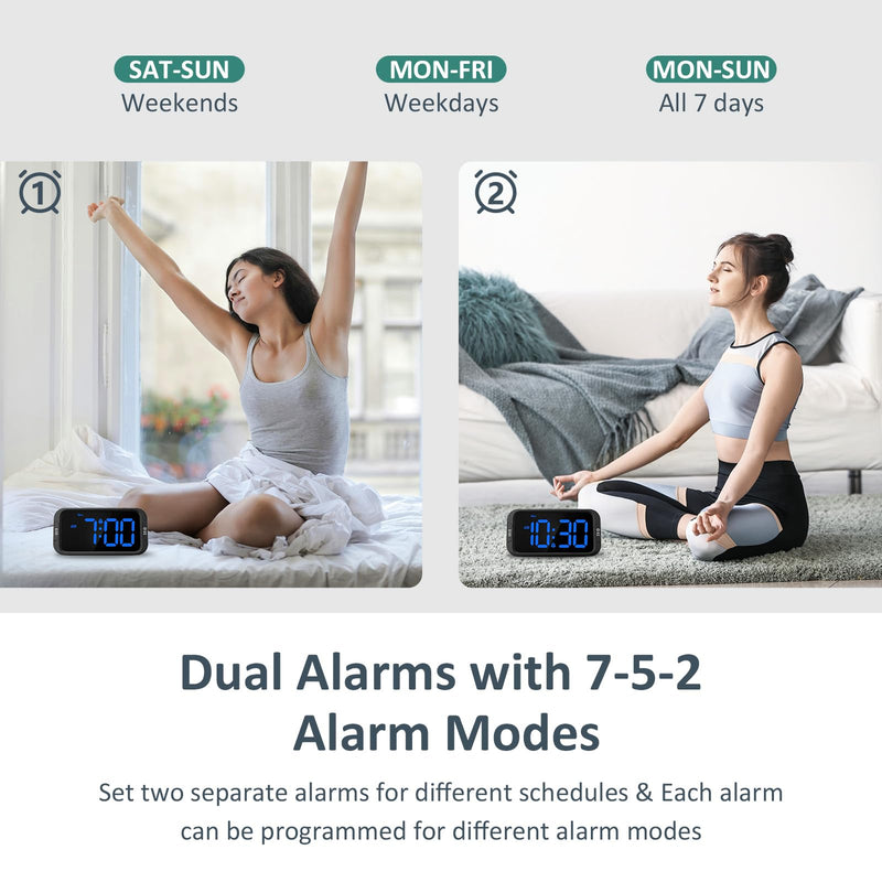 Digital Dual Alarm Clock for Bedroom, Easy to Set, 0-100% Dimmer, USB Charger, 5 Sounds Adjustable Volume, Weekday/Weekend Mode, Snooze, 12/24Hr, Battery Backup, Compact for Bedside(Blue) Black - Blue Led