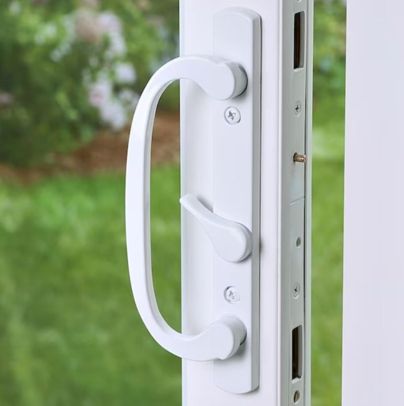 8.5" Legacy Sliding Patio Glass Door Offset Latch White Handle Set with Keys - Sash Controls 2265 Keyed Lock - Fits 3-15/16" Screw Hole Spacing and 1-1/4" to 2-1/4" Door Thickness