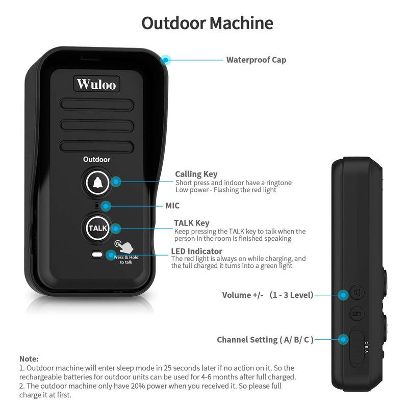 Wuloo Wireless Intercom Doorbells for Home Classroom, Intercomunicador Waterproof Electronic Doorbell Chime with 1/2 Mile Range 3 Volume Levels Rechargeable Battery (Black, 1&2) 1t2-black
