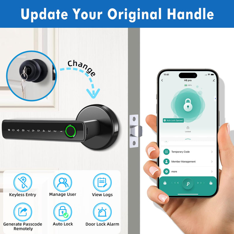 Fingerprint Door Lock,Biometric Smart Door Knob with Keypad Code,6 in 1Keyless Entry Door Handle,App Control,Generate Passcode Remotely,for Bedrooms Office Home Hotel Apartment