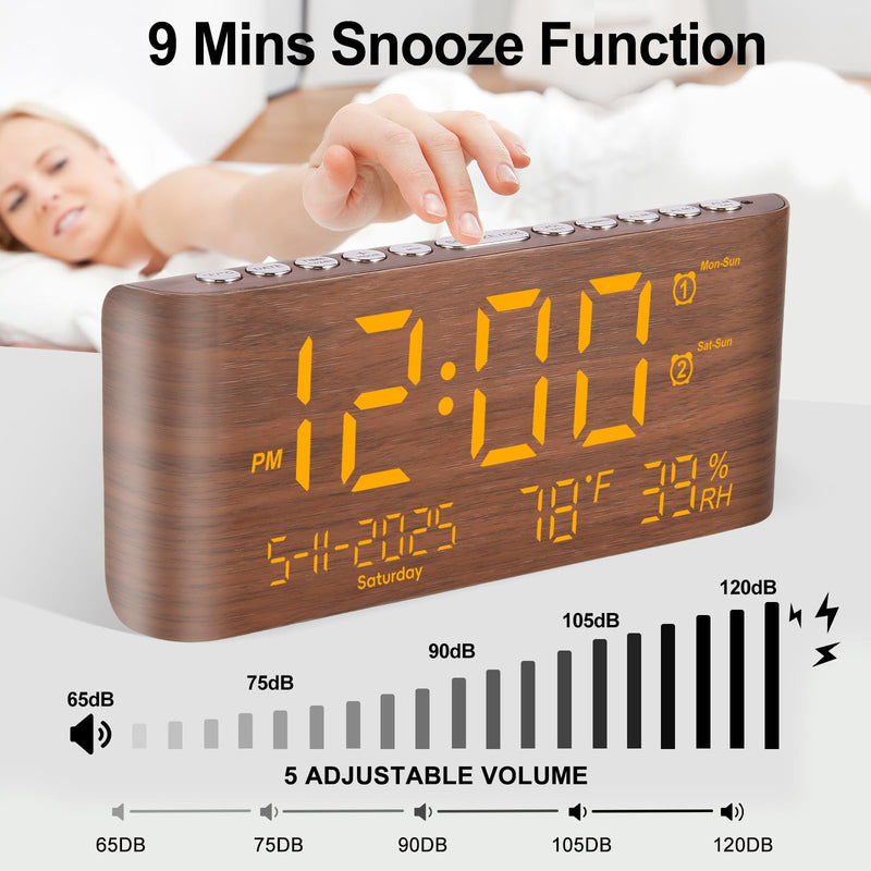PPLEE 8.7inch Digital Alarm Clock for Bedroom-Digital Clock with Day of Week Month Year Humidity & Temperature Brightness Snooze 2 Alarm Clock & 2 USB Charger Desk Clock for Heavy Sleeper