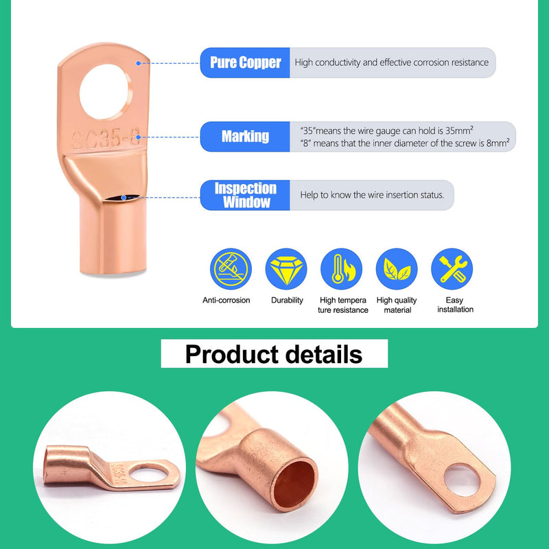 Twidec/110PCS Battery Cable Ends AWG 2 4 6 8 10 12 14 16 Gauge Copper Cable Wire Lugs,Ring Terminals Connectors,Copper Ring Terminals with Heat Shrink N-067-110PCS AWG 2-16
