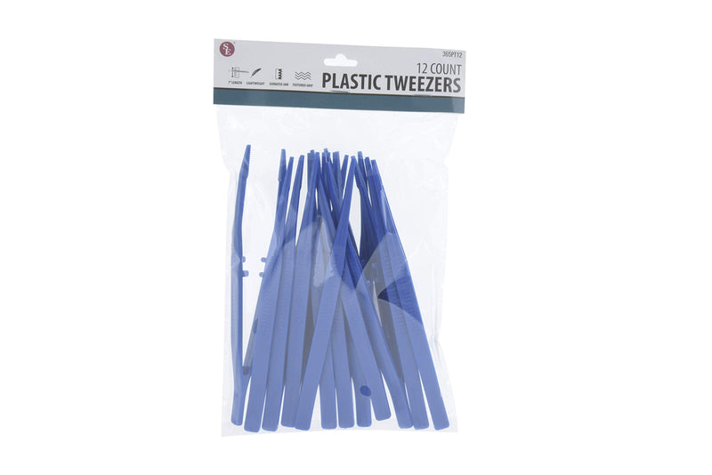 SE 7-Inch 12-Piece Blue Lightweight Plastic Tweezer Set - Non-Magnetic, Serrated Jaw, Textured Grip for Crafts, Electronics, and First Aid - 365PT12