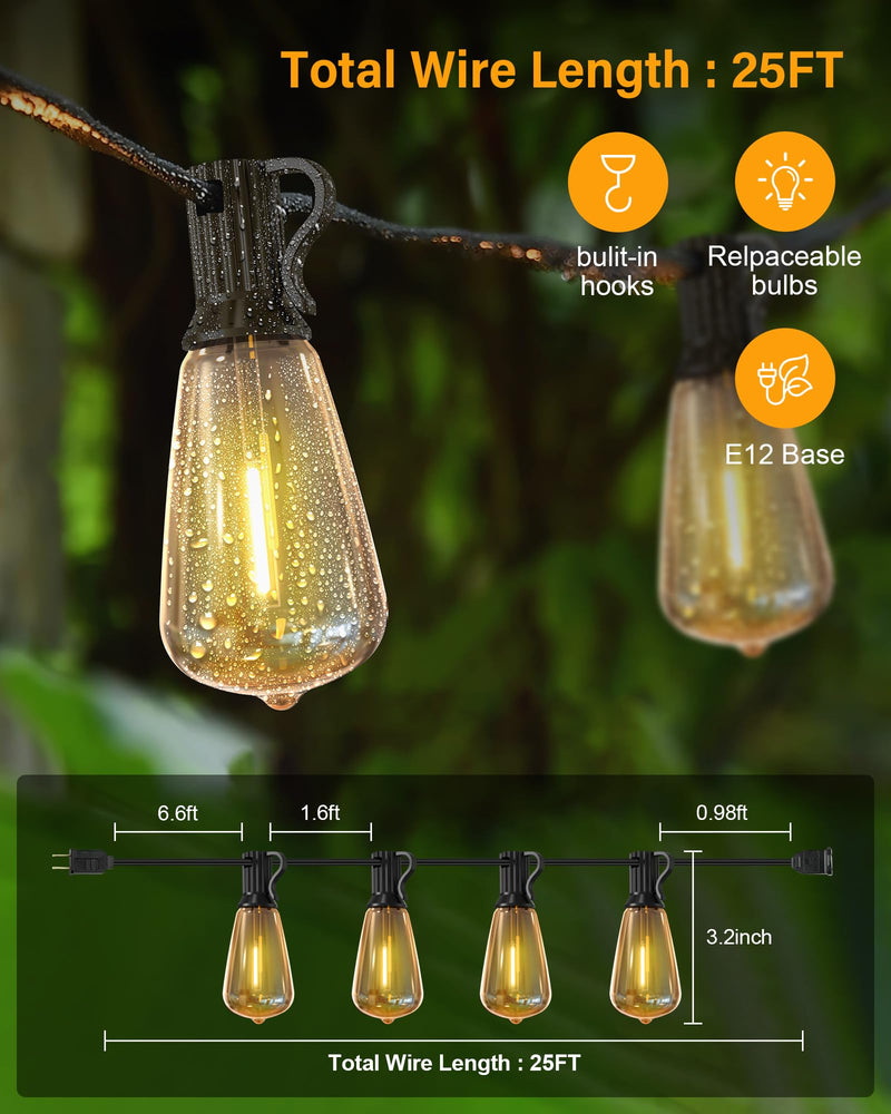 Outdoor String Lights Waterproof, 25 Feet Patio Lights with 13 ST38 Edison Bulbs(1 Sqare), Outside Hanging Decorative Lights for Porch, Blacony, Backyard, Bistro, Garden, 2700K 25FT