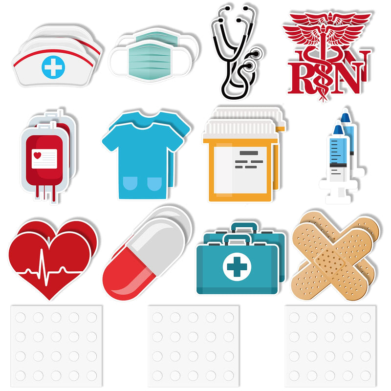 24 Pieces Nurse Party Decoration Nurses Graduation Supplies Decoration Doctors Theme Cutouts Funny Nurse Cut Outs with 60 Pcs Glue Point Nurse Cap Stethoscope Heart Cutouts for Hospital School