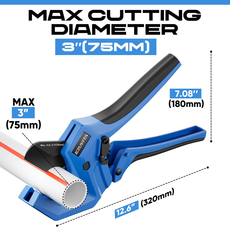 Ratchet PVC Pipe Cutter, Cuts Up to 3", Heavy-Duty Aluminum Ratchet Tubing Cutter Tool for PEX, PVC, CPVC, PE, PP, ABS and Rubber Hose, Suitable for Home Repair and Plumbing 3"
