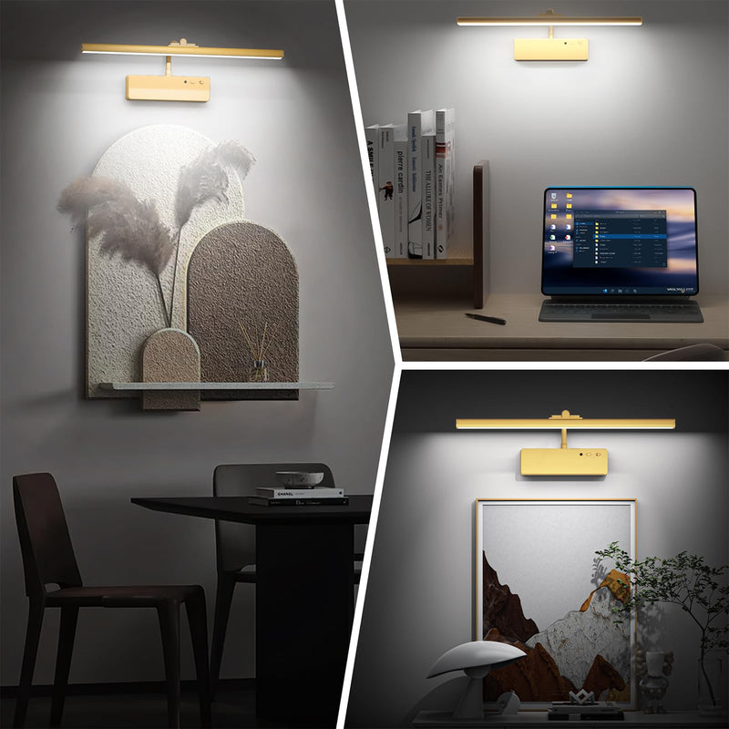 Picture Light, 15.35inch Wireless Rechargeable 5400mAh Battery Wall Light for Paintings, Picture Lights with Remote, 3 Color Modes and Dimmable Lights for Display, Gallery, Artwork(Gold) Gold