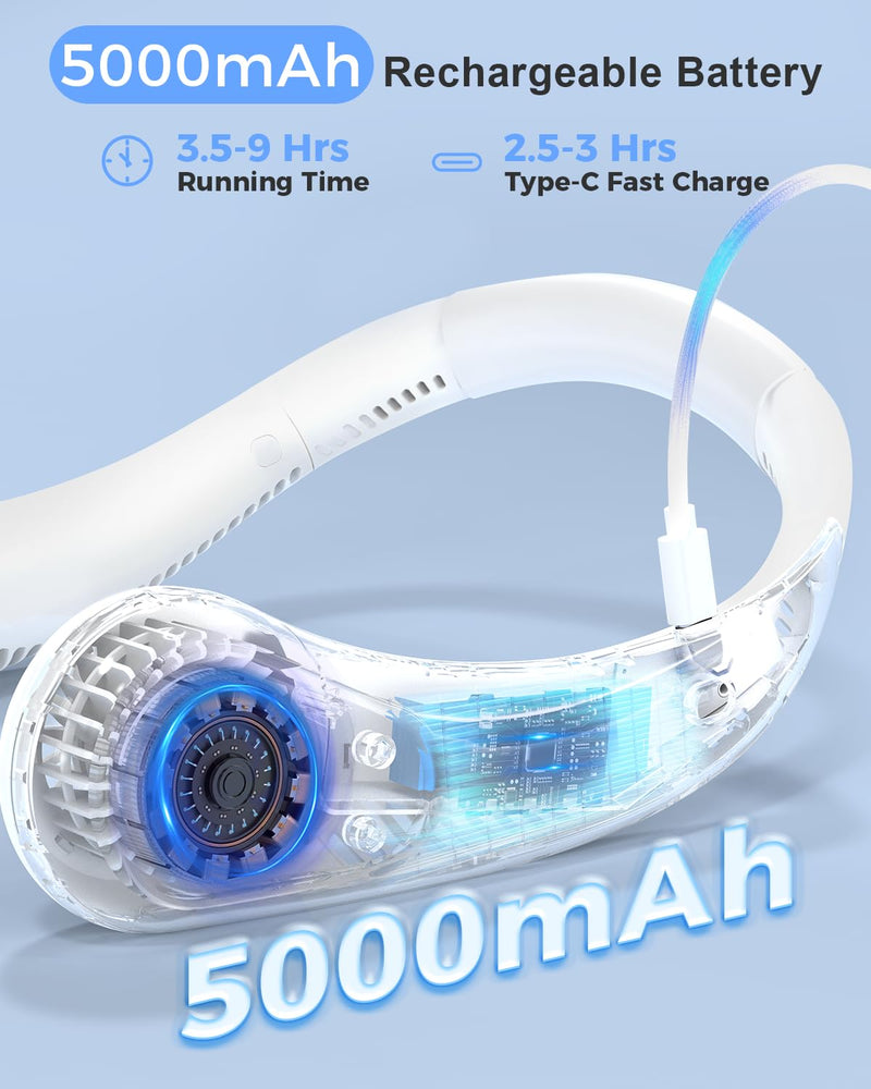 Portable Bladeless Neck Fan, Birthday Gifts for Girl Boy Mom Dad, Father‘s & Mother’s Day Gifts, Wearable Cooling Fan, 5000mAh Rechargeable Battery, Essential for Camping Beach Vacation(2026 Upgraded) White