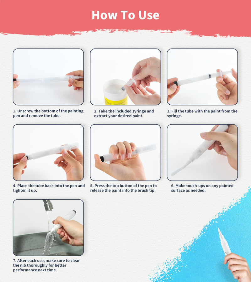 Fillable Touch Up Paint Pen Brush, 3 Pcs Paint Pen for Wall Touch Up, Refillable Paint Pens for Walls, Wood Floors, Cabinets, Windows, Doors (6 Pcs(Pack of 1)) 6 Pcs(Pack of 1)