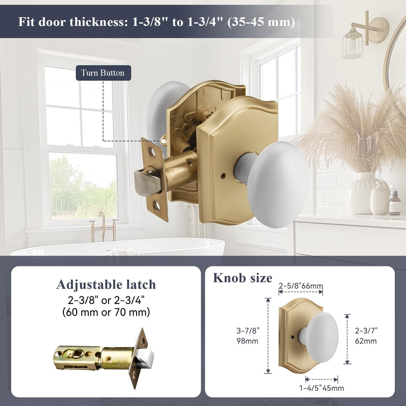 Gold Oval Door Knobs Interior with Lock for Privacy | Zinc Camelot Trim, Egg Knob Style for Bath & Bedroom 1 Gold & White