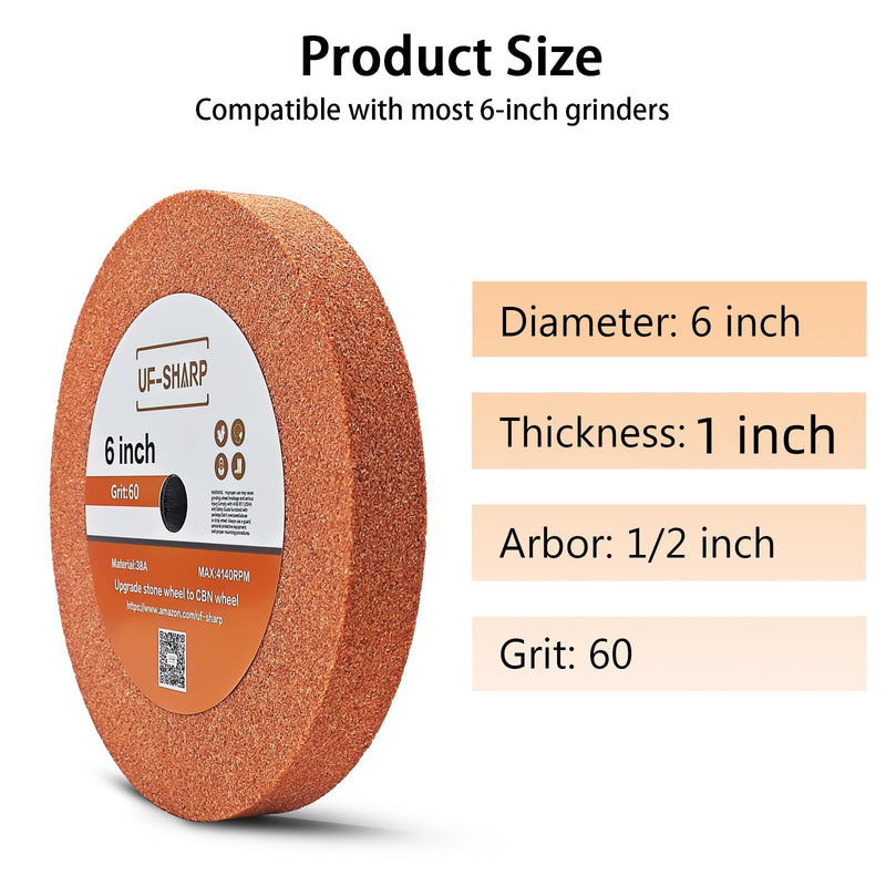 6 inch Bench Grinder Wheels, 1" Wide, 1/2" Arbor, 60 Grit Aluminum Oxide Grinding Wheel for HSS and Carbon Steel Tools (60 Grit)