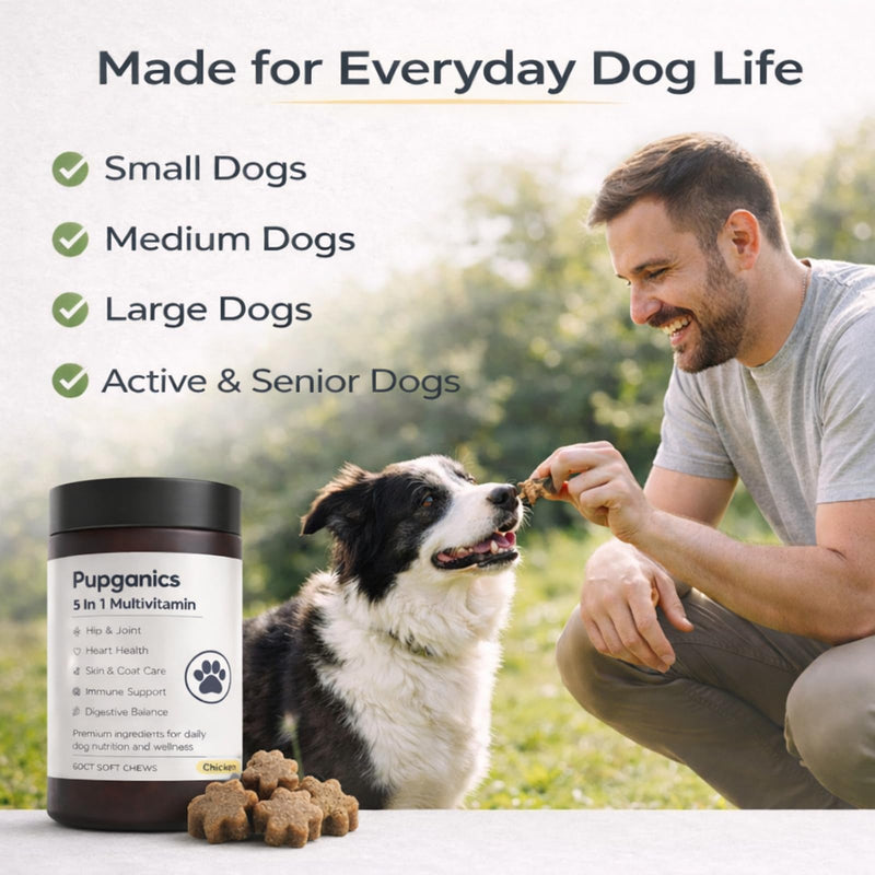 Pupganics Multivitamin Soft Chews for Dog, Dog Vitamins and Supplements for Immune System, Joint Support, Skin, Gut Health, with Probiotics, Glucosamine, Vitamin A/D3/E, Chicken Flavor, 60 Count (1) 1