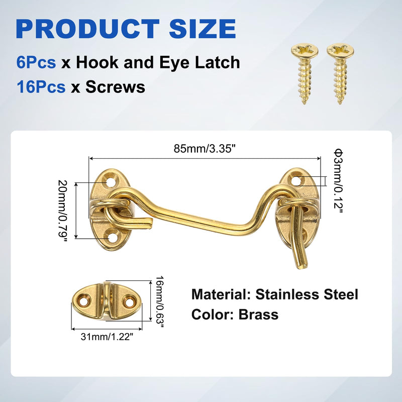 uxcell 4Pcs Hook and Eye Latch, 3" Brass Barn Door Latch with Screws, Cabin Privacy Door Gate Hooks for Window Sliding Door Fence Shed, Brass 3 Inch 4