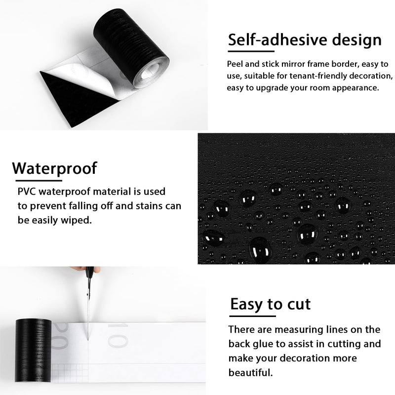 10M Black Wood Grain Mirror Frame Border Peel and Stick Wallpaper, Removable PVC Waterproof Bathroom Mirror Tape Sticker Trim, Kitchen Wallpaper Self Adhesive Decor Sticker 1.96" x 393" 1.96'' x 393''