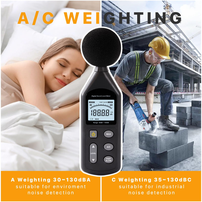 DB-01 Decibel Meter, Professional Sound Decibel Meter with A/C Weighting, Fast/Slow Response, 30-130dB Range,for Home, Office, Factory, Noisy Neighbors