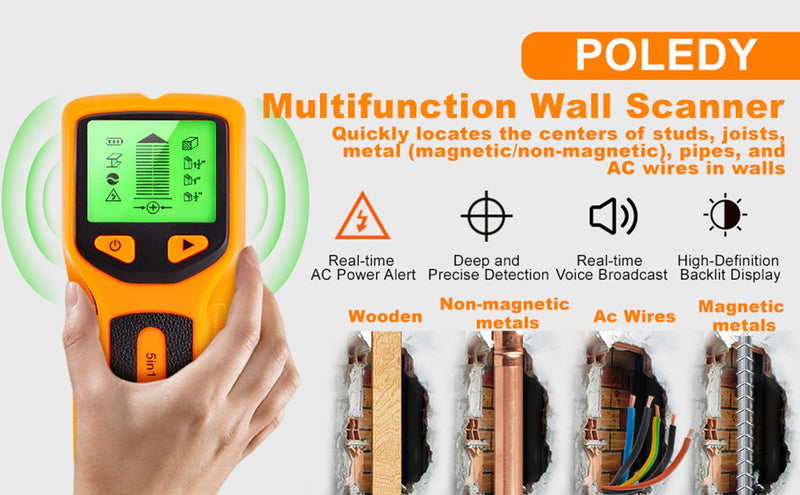 5 in 1 Stud Finder, Poledy Stud Detector - Precisely Locates the Center and Edge of Studs, Wall Scanner with Audio Alarm & Deep Scan Sensor for Wood, Metal Studs, Live AC Wires, Pipes & Joists