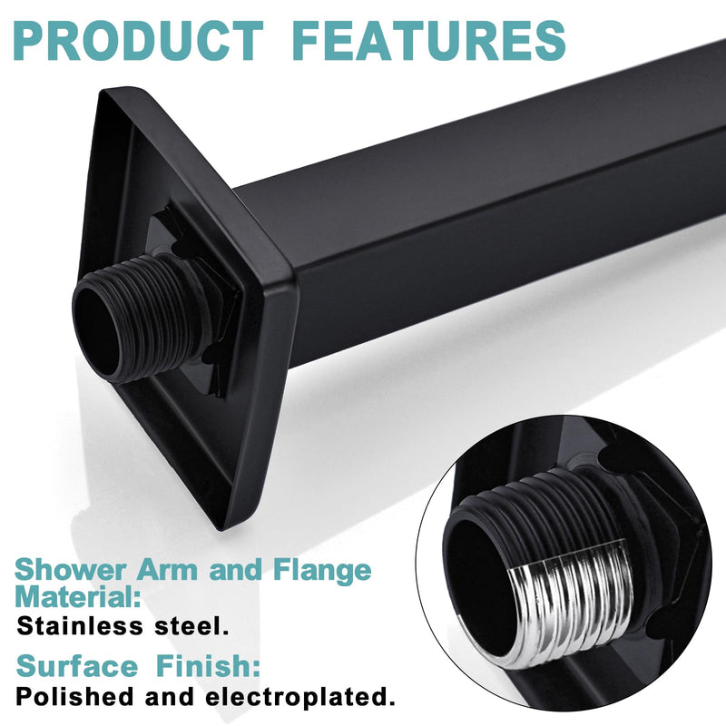 BESTILL 24 Inch Matte Black Ceiling Mount Shower Arm and Flange, Square Rain Shower Arm