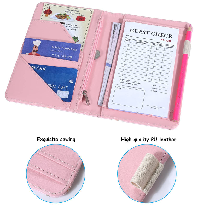 Server Book, Waitress Book, Server Books for Waitress/Waiter with Zipper Pocket Waitress Book Organizer Checkbook Cute Cat Cover 8x5 Inch Pink Cat