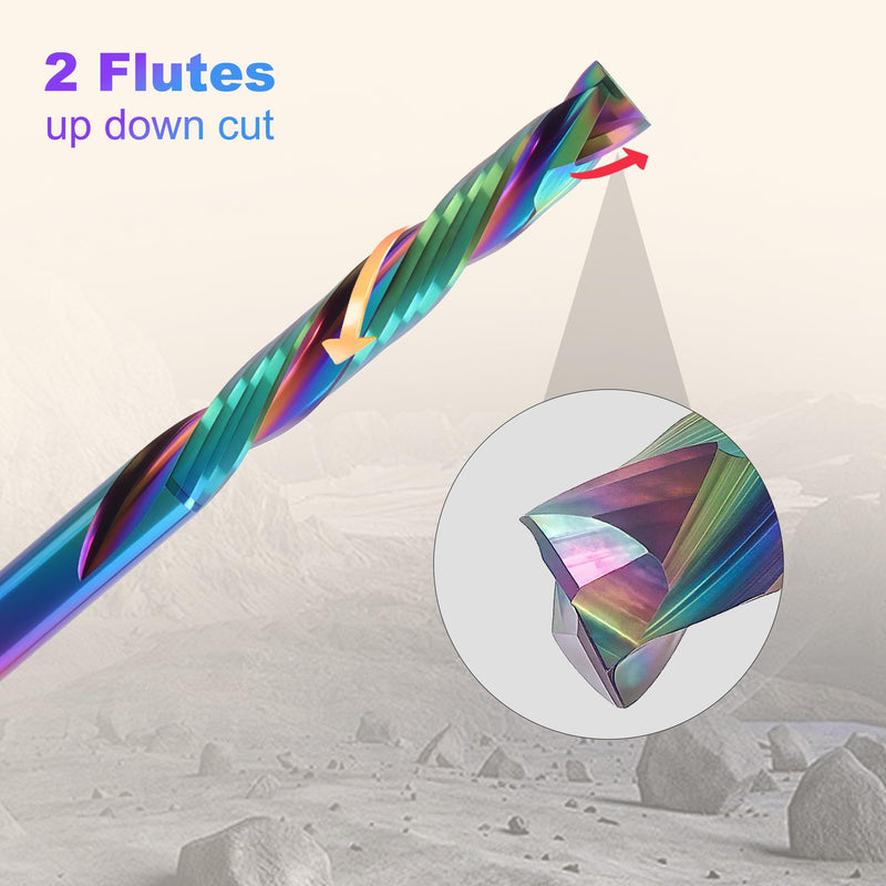 5 Pcs Compression Router Bits 1/8 Inch Shank, 2 Flute Up & Down Cut End Mill, CNC Carbide Milling Cutter with DLC Coating for Engraving Milling 3D Sculpturing Roughing