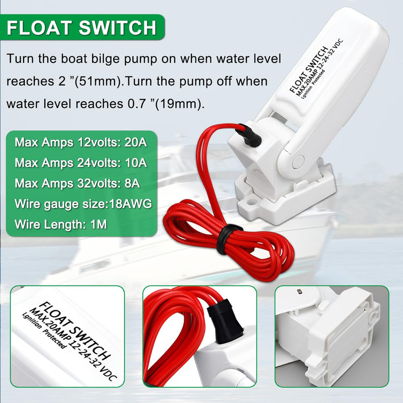 750 GPH Marine Bilge Pump,12V DC Submersible 1-1/8 Inch Diameter Electic Rule Bilge Water Pump Kit,with Automatic Float Switch High-Flow Fully Bilge Pumps for Boats RVs Yachts Caravans 750gph Pump With Float Switch