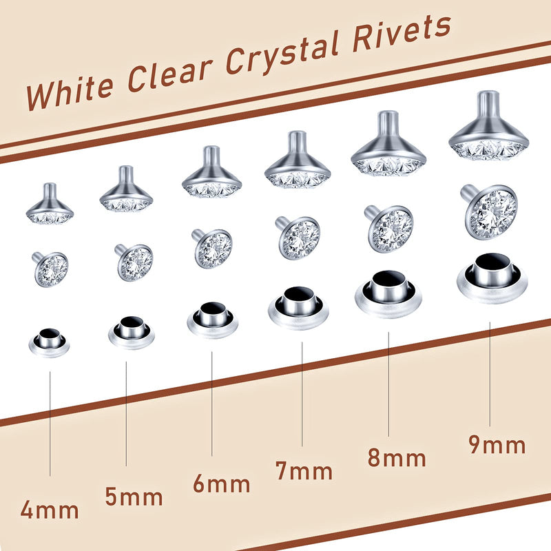 600 Sets 6 Sizes White Clear Rhinestone Rivets Crystal Rapid Rhinestone Stud Silver Color Rivets Fit Punk Rock DIY for Clothing, Wedding, Performance, Arts and Crafts Decoration