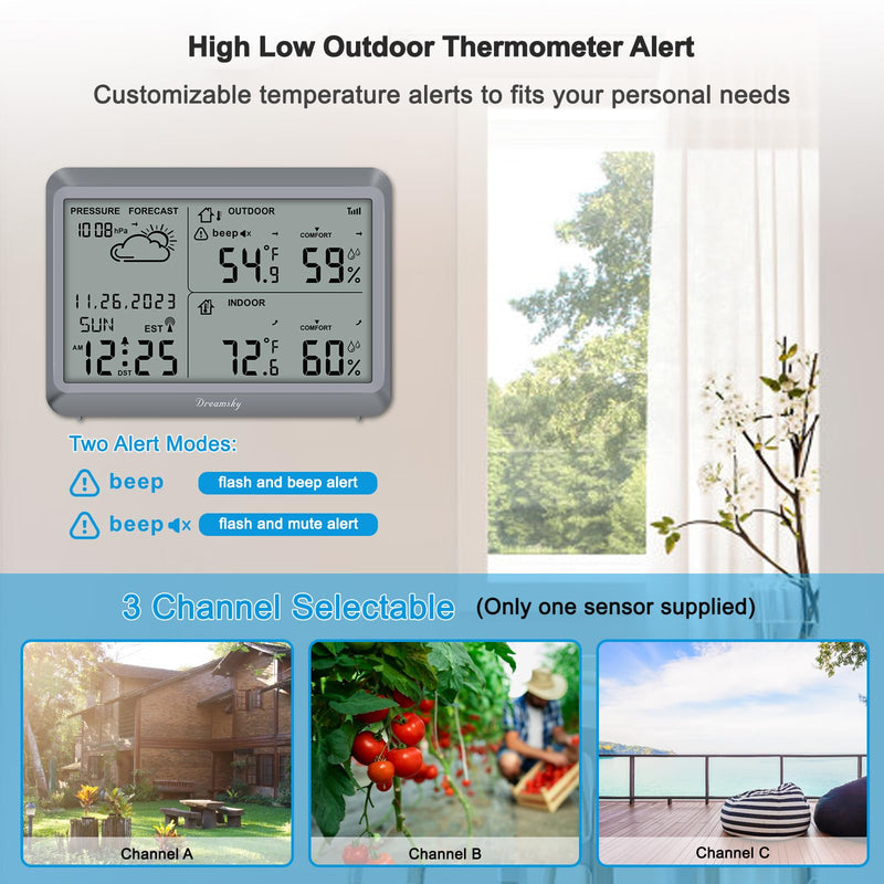 DreamSky Weather Station Indoor Outdoor Thermometer Wireless - Atomic Clock with Indoor/Outdoor Temp, Date & Day, Battery Powered, Home Weather Forecast Clock with Inside Outside Temperature Humidity Grey