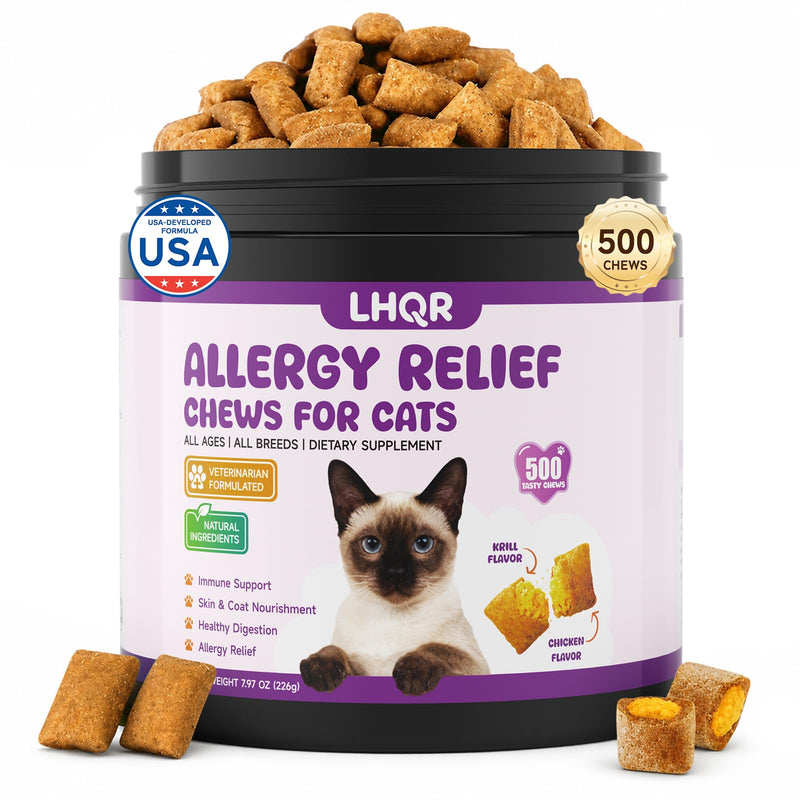 500 Cat Allergy Relief Chews - Itch Relief for Skin Irritation, Paw Licking - Omega 3 & Probiotic for Immune & Skin Coat Support, Natural Supplement for Cats,Chicken