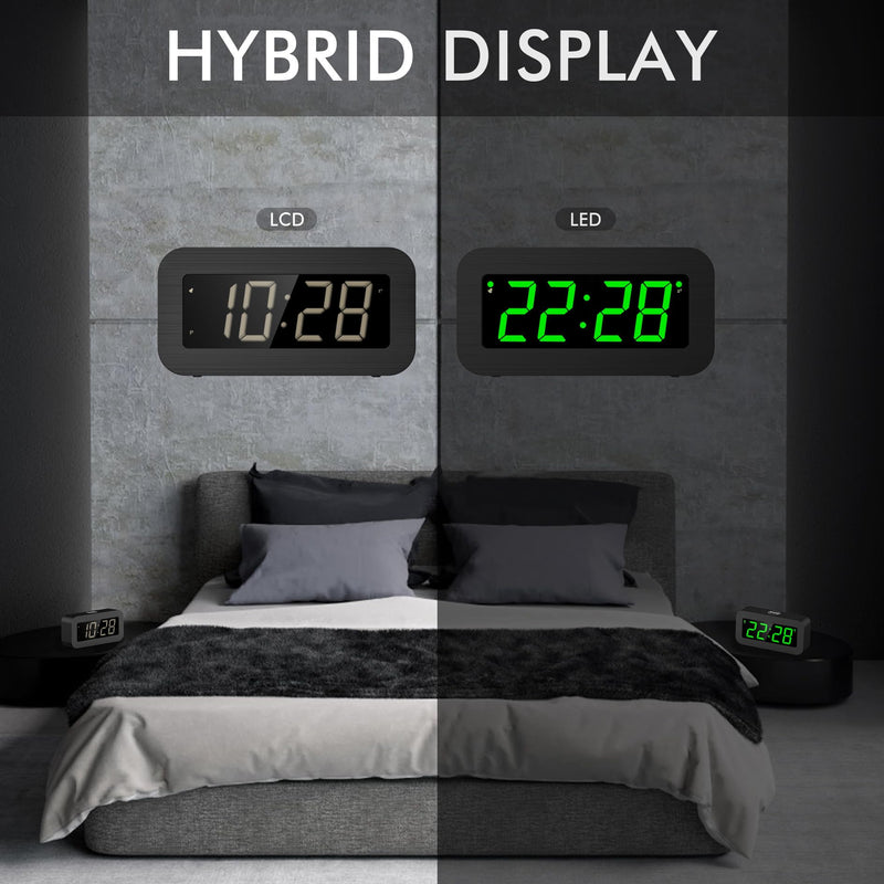 Digital Alarm Clock with Hybrid LED/LCD Time Display, Battery Operated or Plug-in, Small Simple Basic Clock for Travel Home Bedroom Wall (Green Display) Green-display