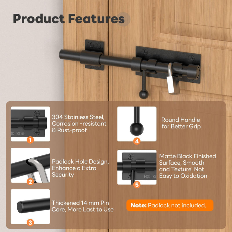 7.8 Inch Barrel Bolt Latch, Reinforced Slide Bolt Gate Latch, 304 Stainless Steel Door Latch Lock for Barn, Garden, Shed - 14 mm Bolt with Padlock Hole (Black-2pcs 7.8 Inch) Black-2pcs 8 Inch
