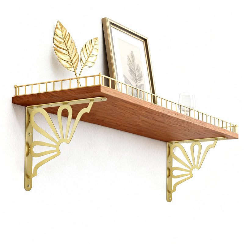 Lounsweer 2 Pcs 8inch Decorative Gold Shelf Bracket Heavy Duty Wall Mounted Support Modern Metal Floating L Shaped Shelf Rack with Hardware for DIY Kitchen Shelving Wall Decor Sun