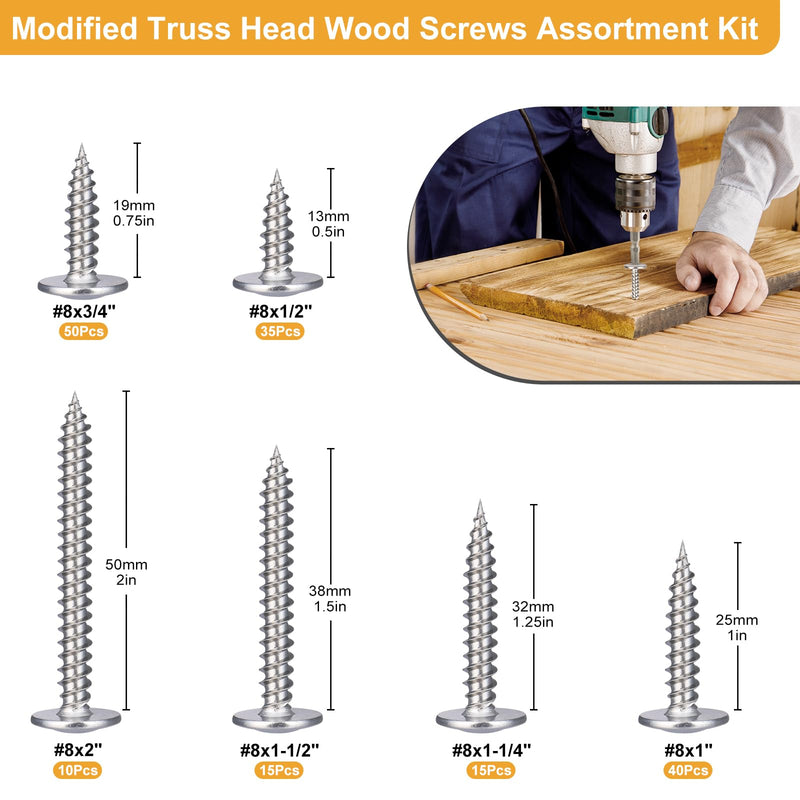 165Pcs #8 Modified Truss Head Wood Screws Assortment Kit, Stainless Steel 410 Quick Metal Self Tapping Screws, 6 Sizes (1/2", 3/4", 1", 1-1/4", 1-1/2", 2") Silver