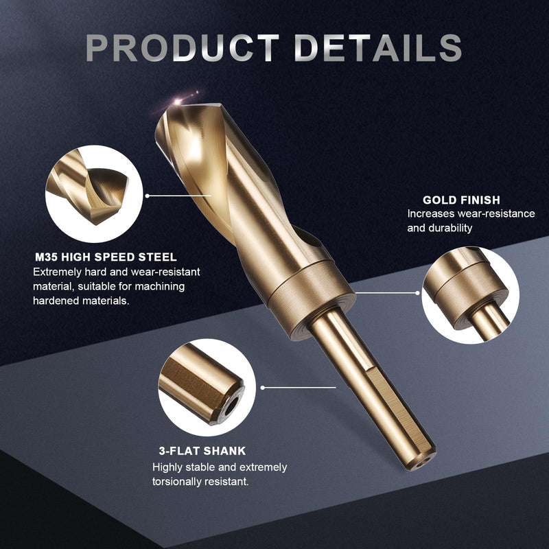 uxcell 1-1/16" Drill Bit 1/2" Reduced Shank 3-Flat M35 5% Cobalt High-Speed Steel Twist Gold Finish 135° Bits for Hard Metal Stainless Steel,1pcs 1-1/16 in