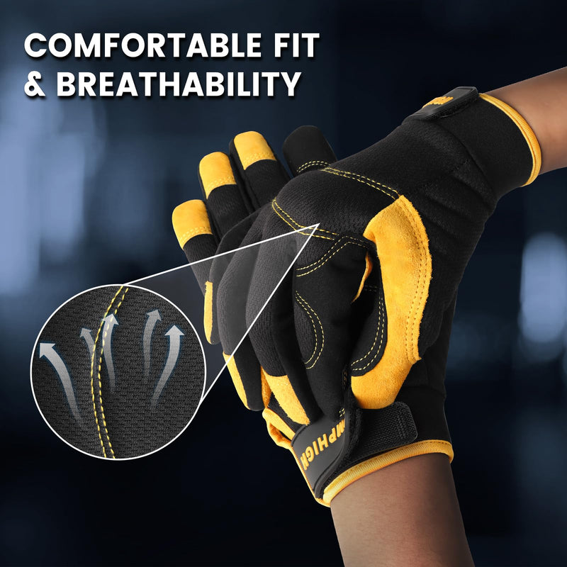 JUMPHIGH Mens Work Gloves, Synthetic Leather Mechanic Gloves Utility Gloves, Touchscreen Working Gloves for Multipurpose, Construction, Warehouse, Truck Driving(Yellow/L) Large Yellow