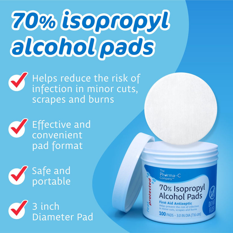 The Pharma-C Company 70% Isopropyl Alcohol Pads [100 count]. First Aid Alcohol - Antiseptic Wipes - Extra Large - Alcohol for minor cuts, scrapes and burns. 1